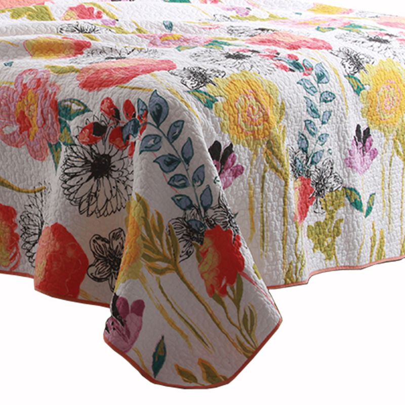 3 Piece Cotton Full Size Quilt Set with Stencil Flower Print, Multicolor - Benzara