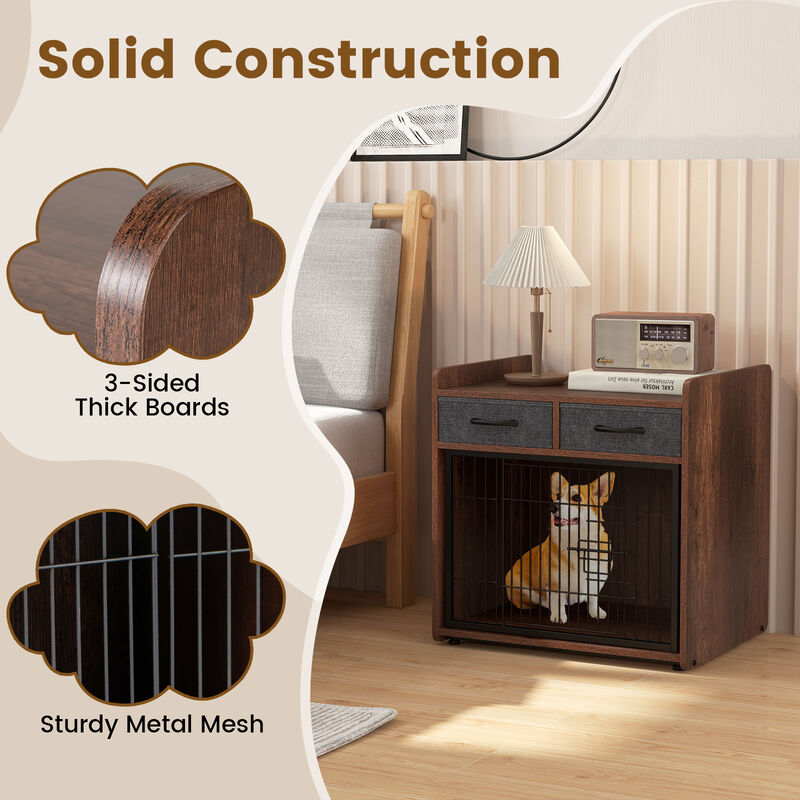 Indoor Dog Crate Furniture with 2 Fabric Drawers and End Table for Pets