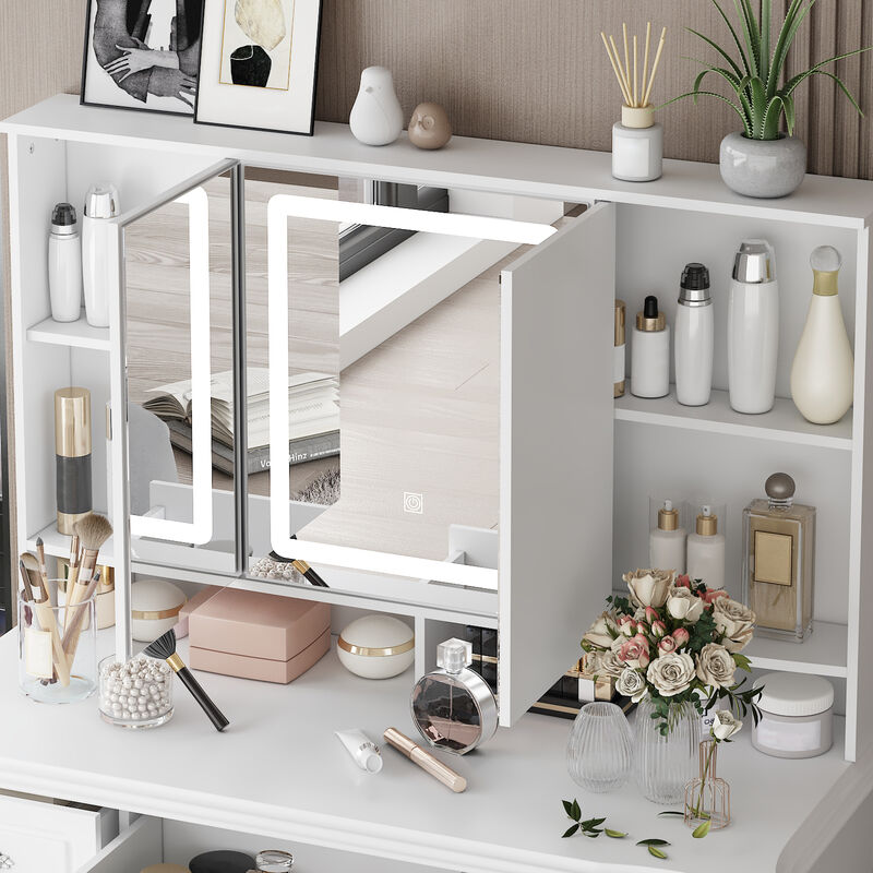 White Makeup Vanity Table Dressing Desk with 3-Mirrors, LED Lighted, 9-Drawers, Hidden Storage Shelves, Crystal Handles