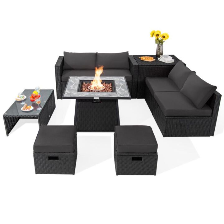 Hivvago 9 Pieces Outdoor Wicker Sectional with 35 Inch Gas Fire Pit Table
