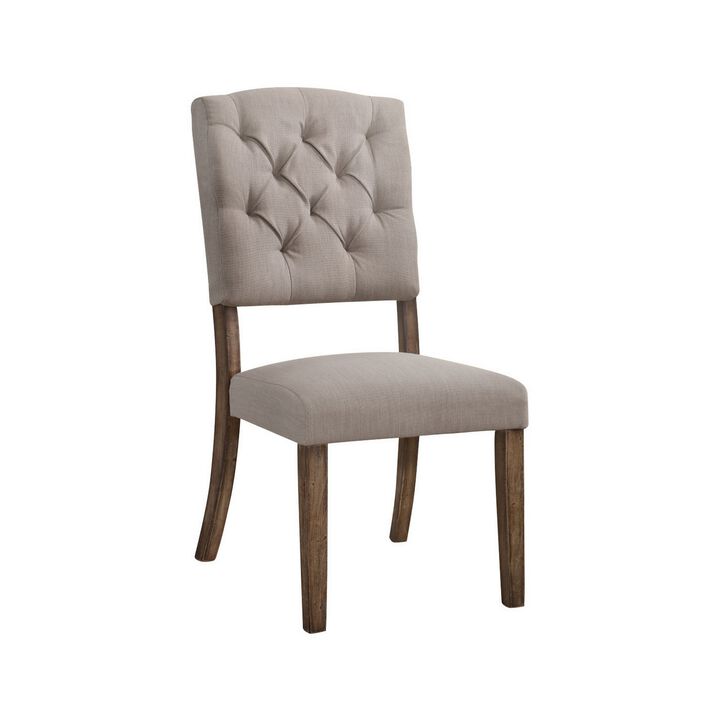Dining Side Chair with Linen Tufted Back, Set of 2, Beige-Benzara