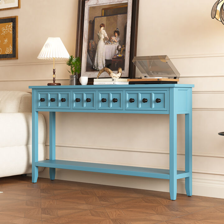 Clihome Rustic Entryway Console Table, 60" Long Sofa Table with Two Different Size Drawers and Bottom Shelf for Storage (Turquoise Green)