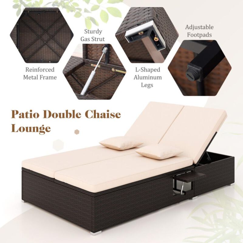 Hivvago Patio Double Chaise Lounge with Cushions and Folding Side Trays-Beige