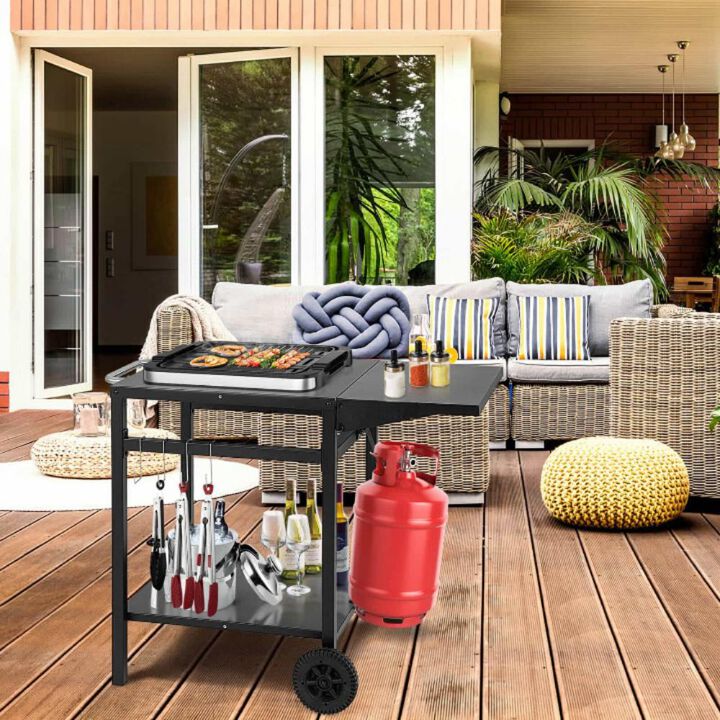 Movable Outdoor Grill Cart with Folding Tabletop and Hooks-Black