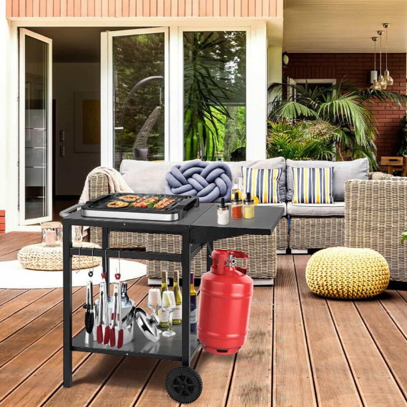 Movable Outdoor Grill Cart with Folding Tabletop and Hooks-Black