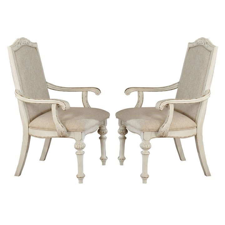 Rustic Wooden Arm Chair with Intricate Carvings, Set of 2, Antique White-Benzara