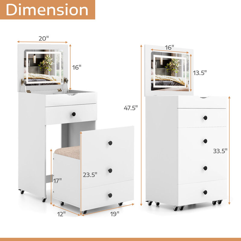 3-in-1 Vanity Set with Cushioned Stool and Flip-up Mirror