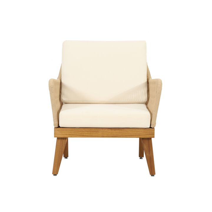 Oud Accent Club Chair, Ivory Cushions, Rope Weaving, Brown Acacia Wood - Benzara