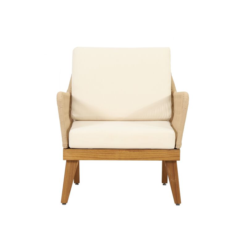 Oud Accent Club Chair, Ivory Cushions, Rope Weaving, Brown Acacia Wood - Benzara