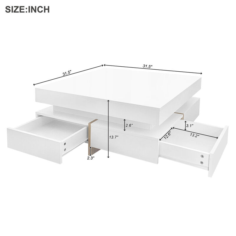 High Gloss 4-Drawer Coffee Table, Multi Storage, Wood Grain Legs, 31.5"X31.5", White