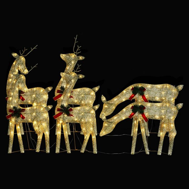 Outdoor 6 Reindeer Christmas Decoration, Red Bow, 180 Gold LEDs, Steel - Benzara