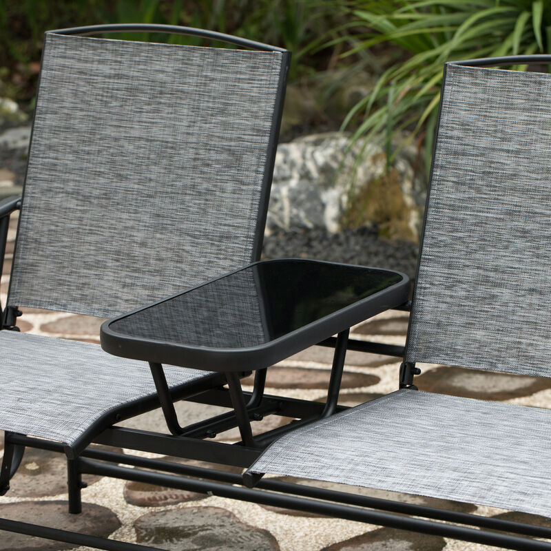 Two Person Outdoor Double Swing Glider Chair Set with Center Tempered Glass Table, Loveseat Lawn Rocker Bench