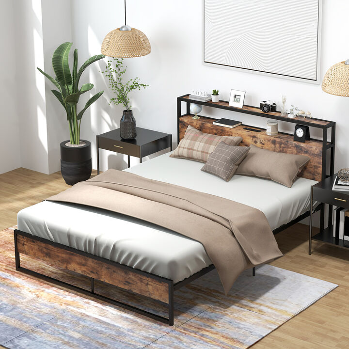 Bed Frame with 2-Tier Storage Headboard and Charging Station