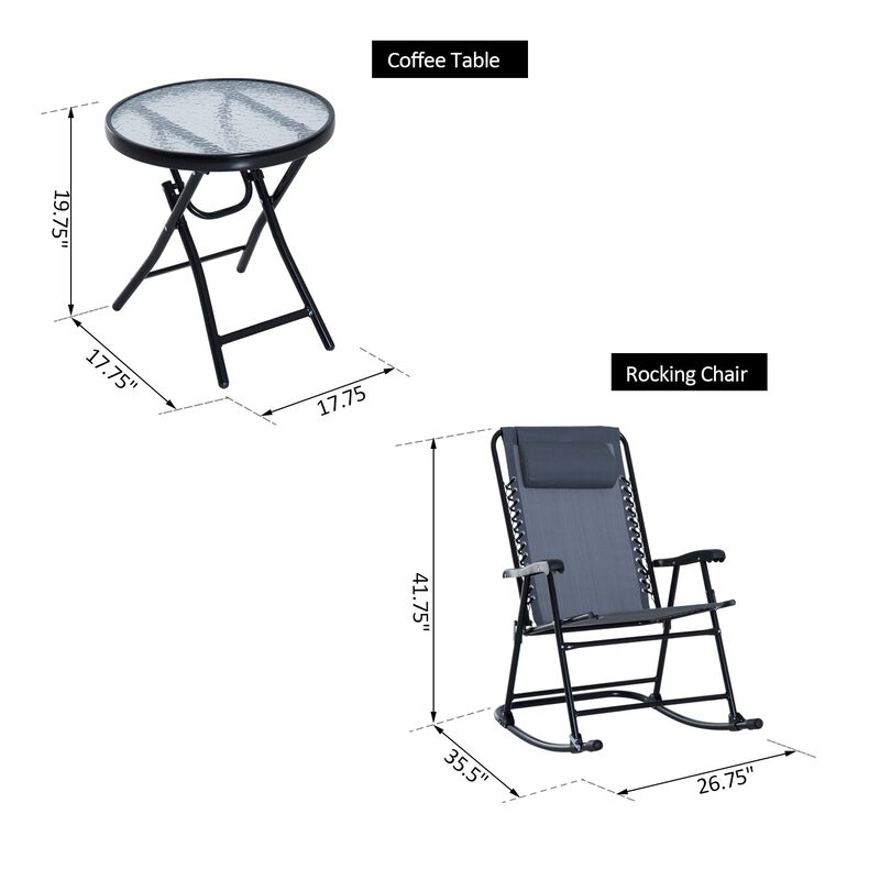 Grey Patio Chat Set: 3-Piece Folding Rocking Chairs with Glass Table