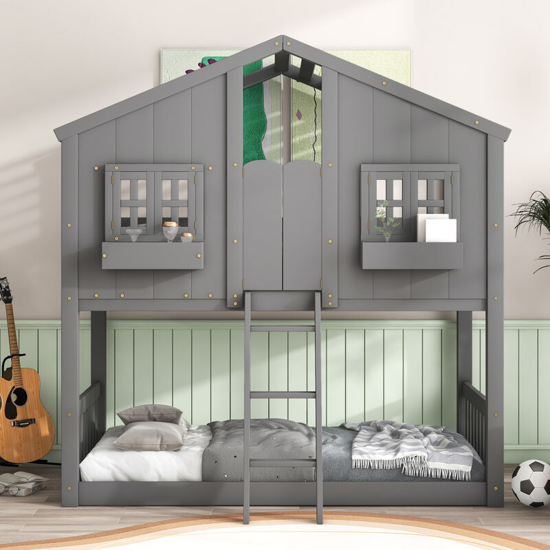 Twin Over Twin House Bunk Bed With Roof, Window, Window Box, Door, With Safety Guardrails