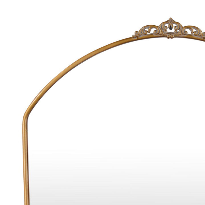 Curved Accent Wall Mirror, Scrolled Details, 36 Inch, Gold Metal Frame - Benzara