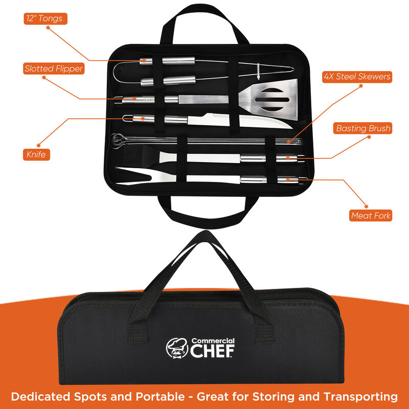 Commercial Chef BBQ Grill Set with Meat Fork, Spatula, and All Necessary Grill Accessories - 10 PCS BBQ Grilling Tools for Smoker, Camping, Kitchen, Barbecue and Ideal Mens Gift