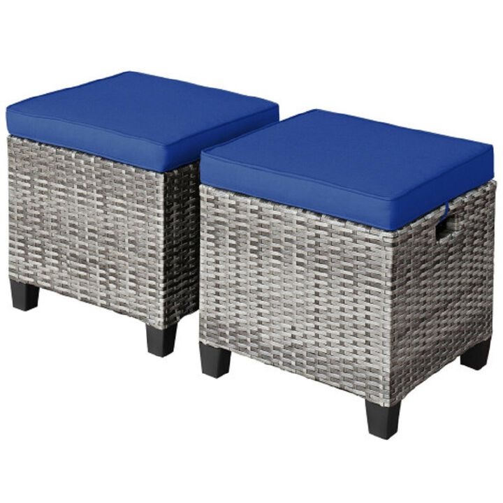 2PCS Patio Rattan Wicker Ottoman Seat with Removable Cushions