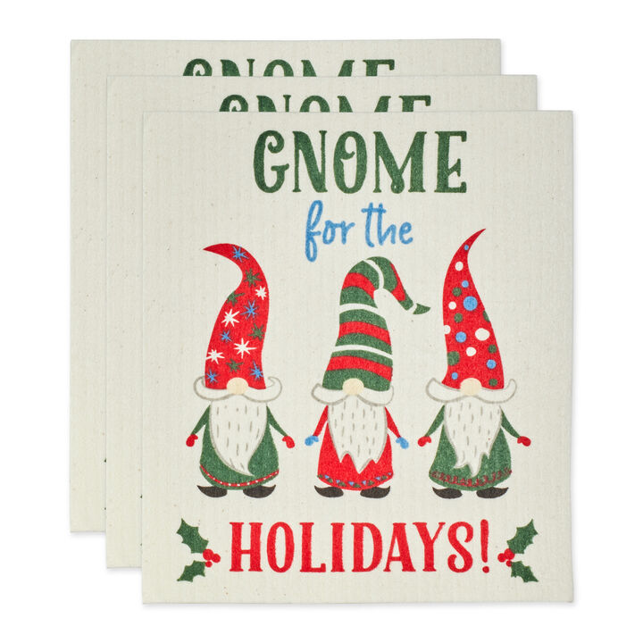 Set of 3 Red and White Gnome Holidays Swedish Dish Towel  7.75"