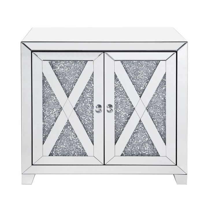 Storage Cabinet with Mirror Trim and X Shape Design, Silver-Benzara