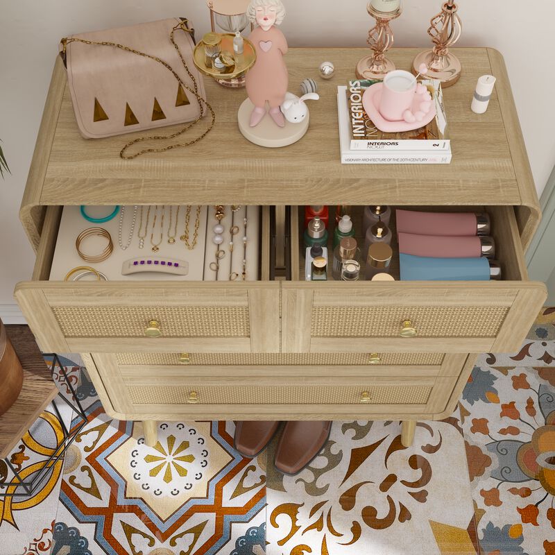 FUFU&GAGA 5-Drawer Dresser, Modern Wood Chest with Rattan Fronts, Gold Handles & Sturdy Wooden Legs, Spacious Storage Cabinet for Bedroom (31.5" W x 39.8" H x 13.9" D), Natural Wood