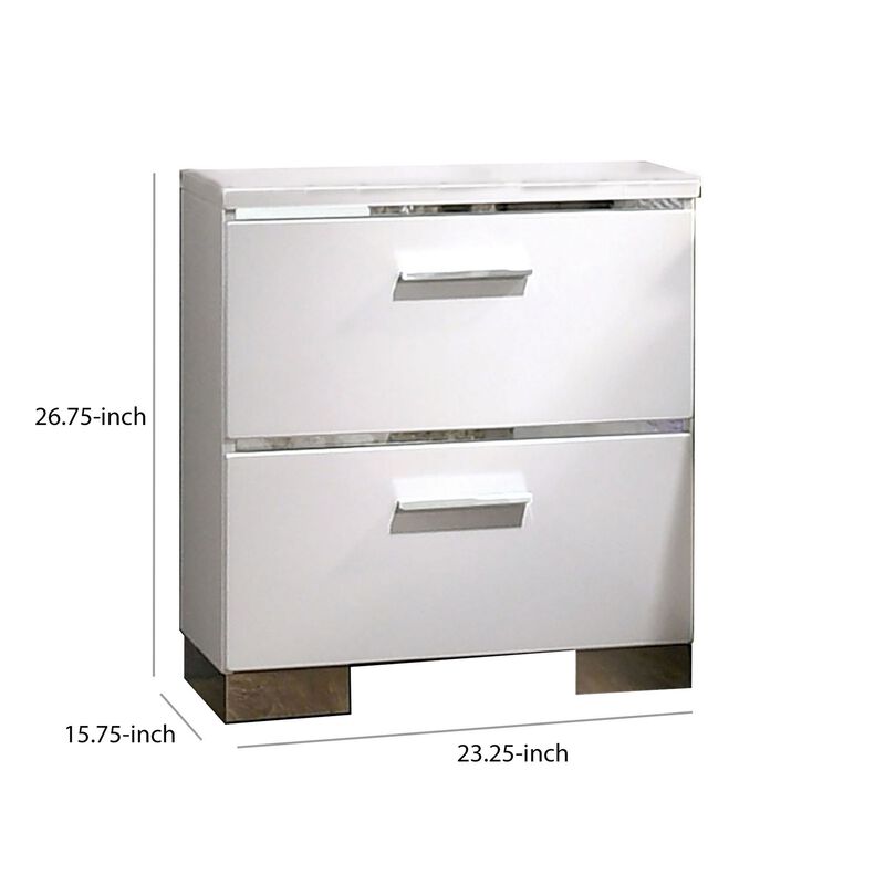 Wood and Metal Nightstand with 2 Drawers,  White and Silver-Benzara