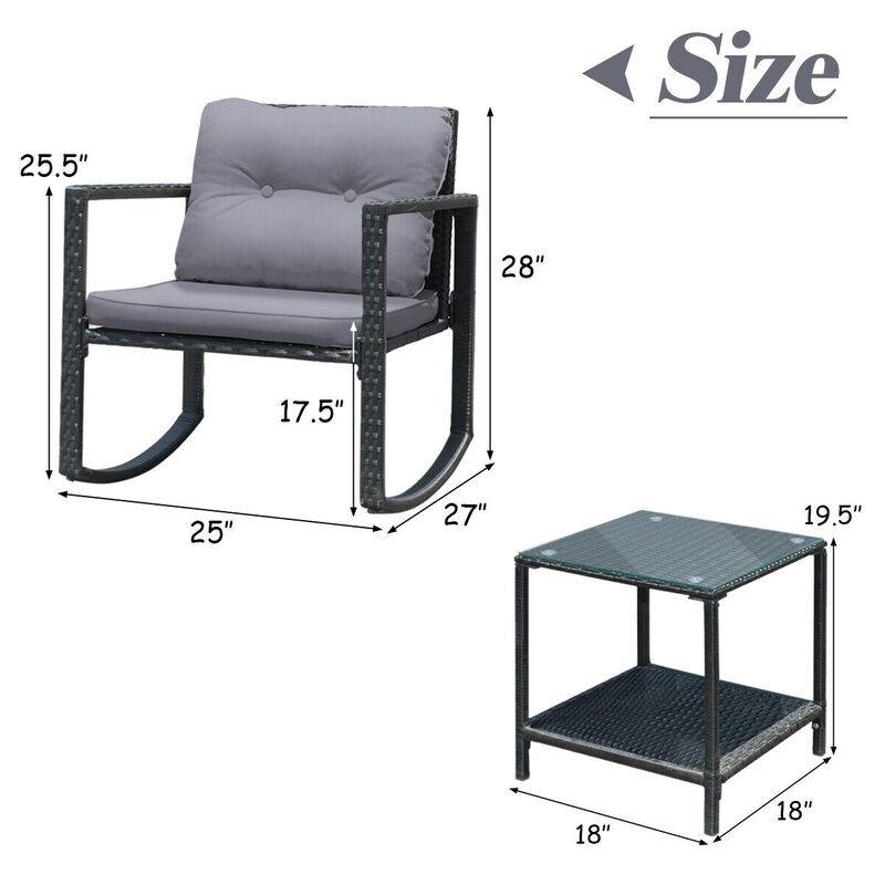 3 Pieces Cushioned Patio Rattan Set with Rocking Chair and Table-Grey