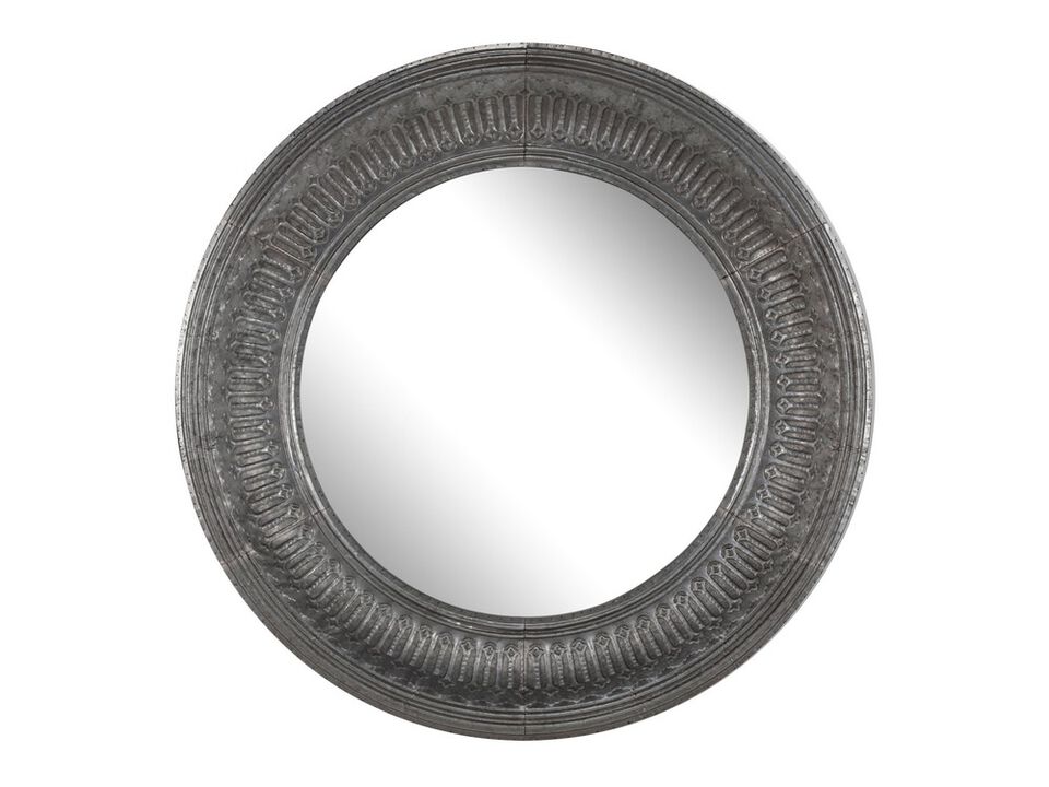 Round Wall Mirror with Thick Embossed Metal Border, Antique Gray-Benzara