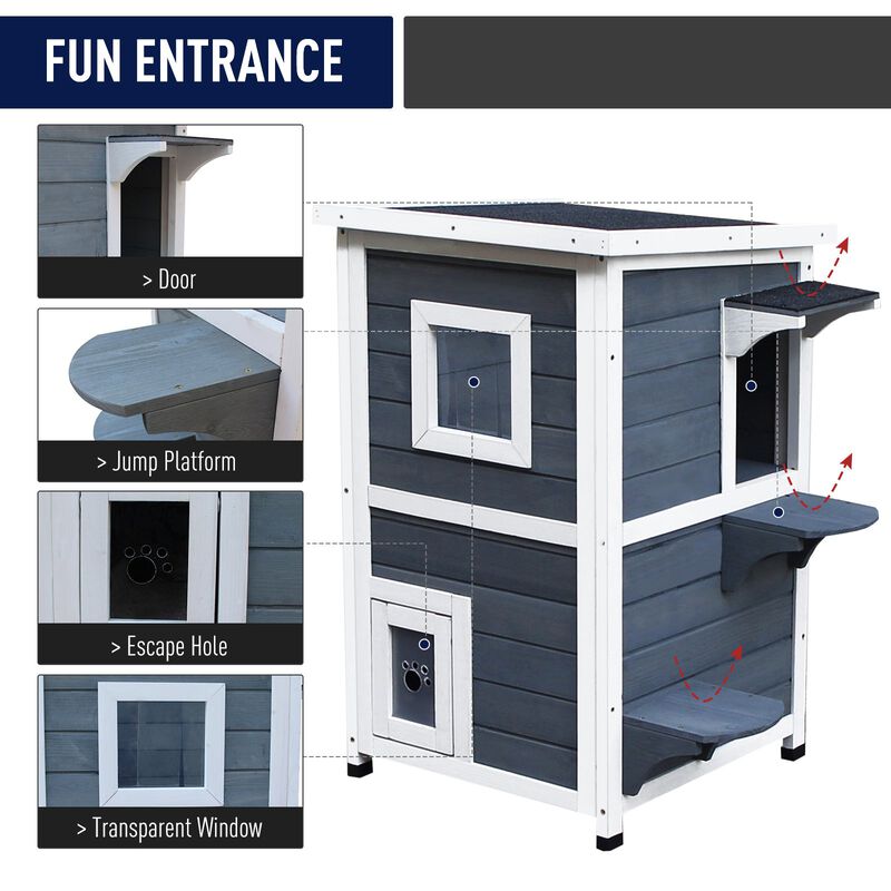 Dark Gray Feline Fortress: 2-Floor Outdoor Cat House with Window