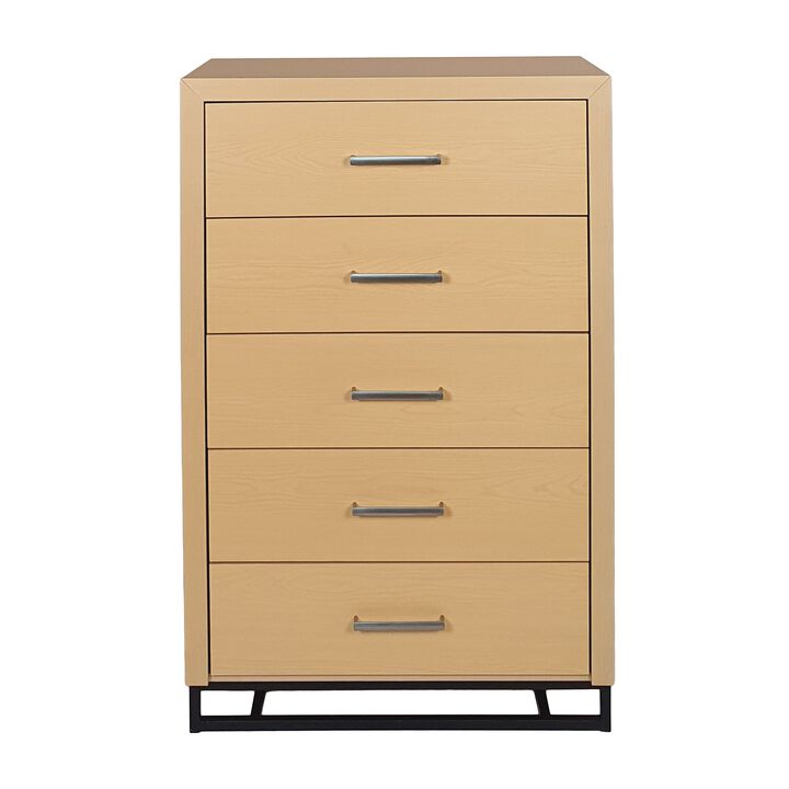 Tall Dresser Chest with 5 Drawers, Black Iron Base, Natural Brown Wood - Benzara