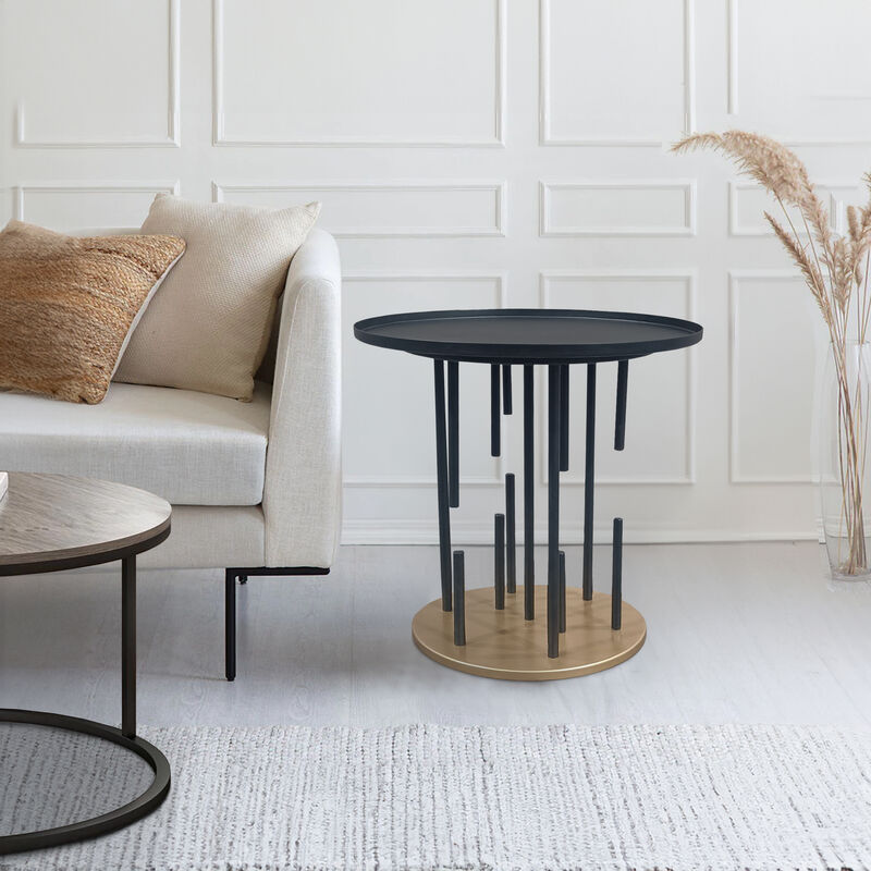 Neci 20 Inch Side End Table, Round Matte Black Tray Top, Modern Rod Supports with Brass Base - Benzara