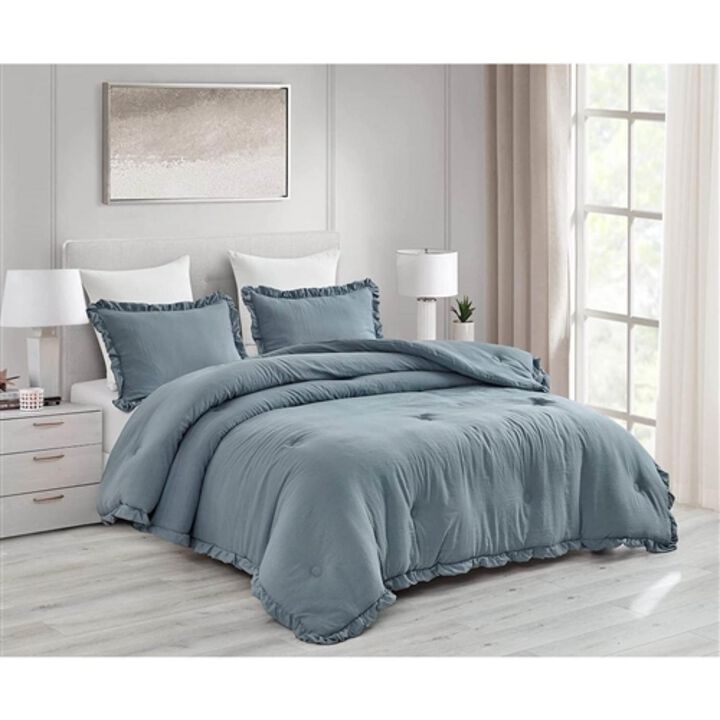 Hivvago Queen Oversized Blue Ruffled Edge Microfiber Comforter Set