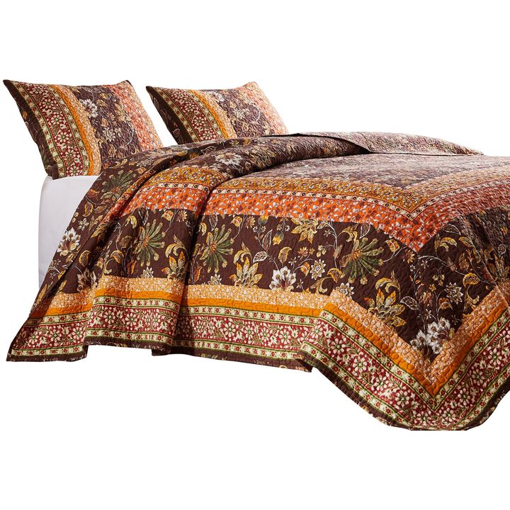 3 Piece King Quilt Set, Bohemian, Jacobean Floral Print, Brown, Orange - Benzara