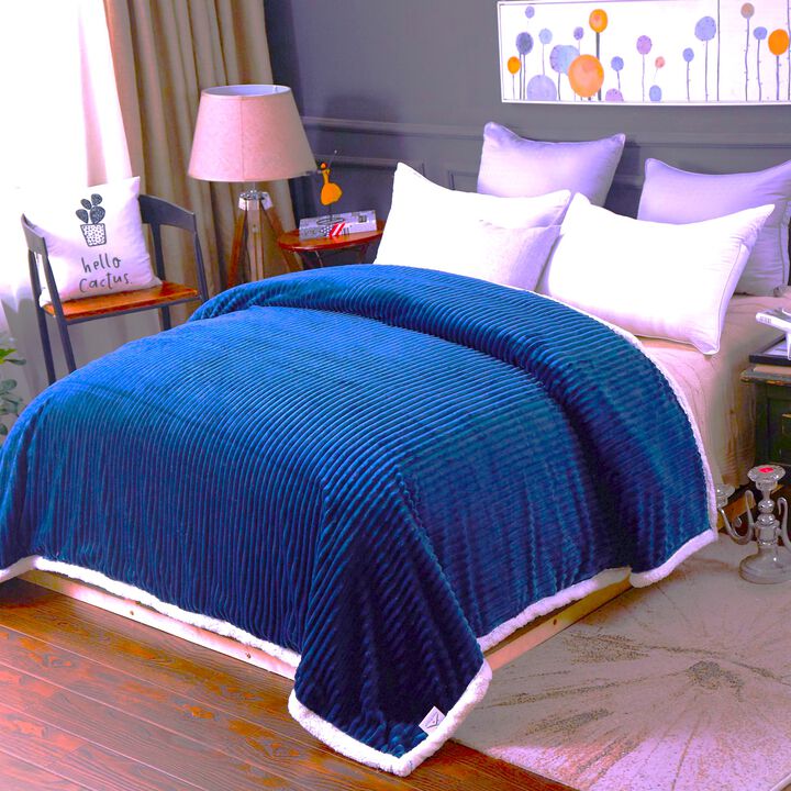 Plazatex Soft Plush Corduroy Sherpa Lined Oversized All Season Comfort for Bedroom or Lounging Blankets - Queen 90x90", Blue - Queen