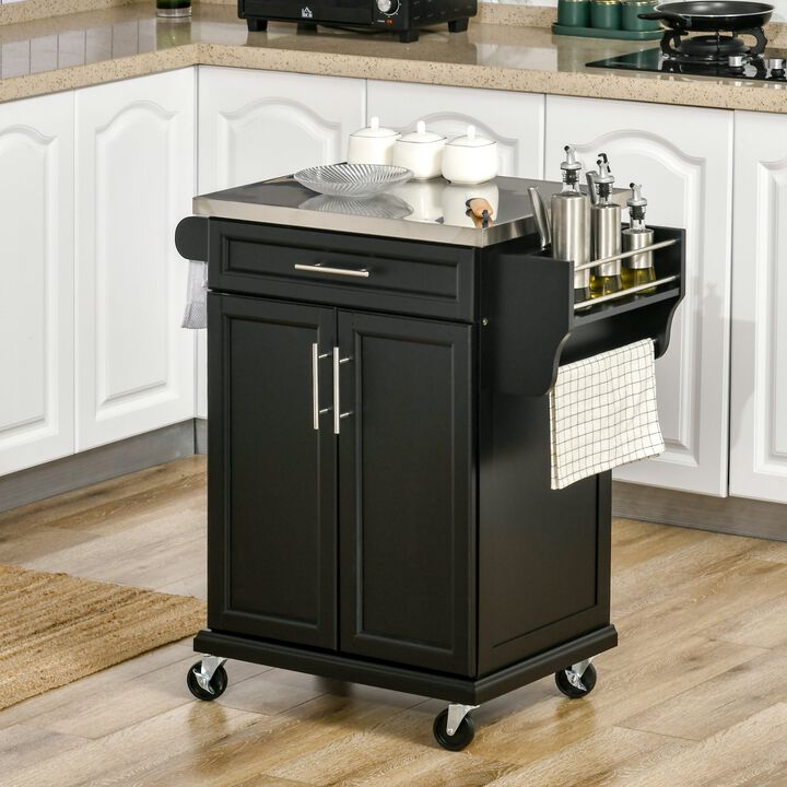 Black Rolling Chef's Helper: Kitchen Cart with Steel Top & Spice Storage