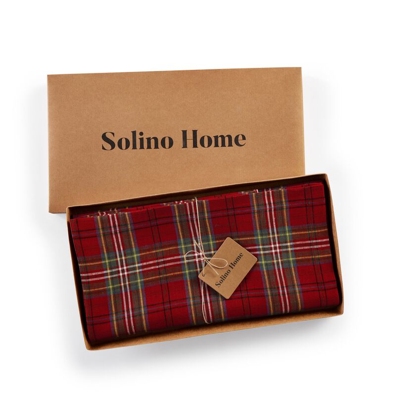 Solino Home 100% Pure Linen Red Table Throw 52 x 52 Inch | Classic Tartan Plaid