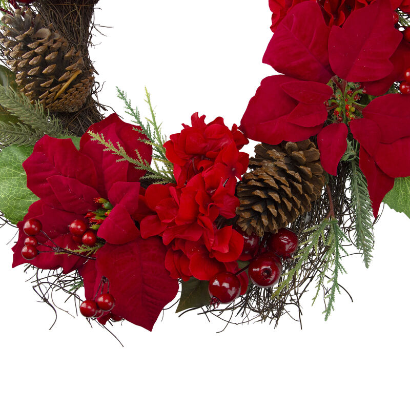 Red Poinsettia and Hydrangea Flowers with Berries Artificial Christmas Wreath - 24-Inch  Unlit