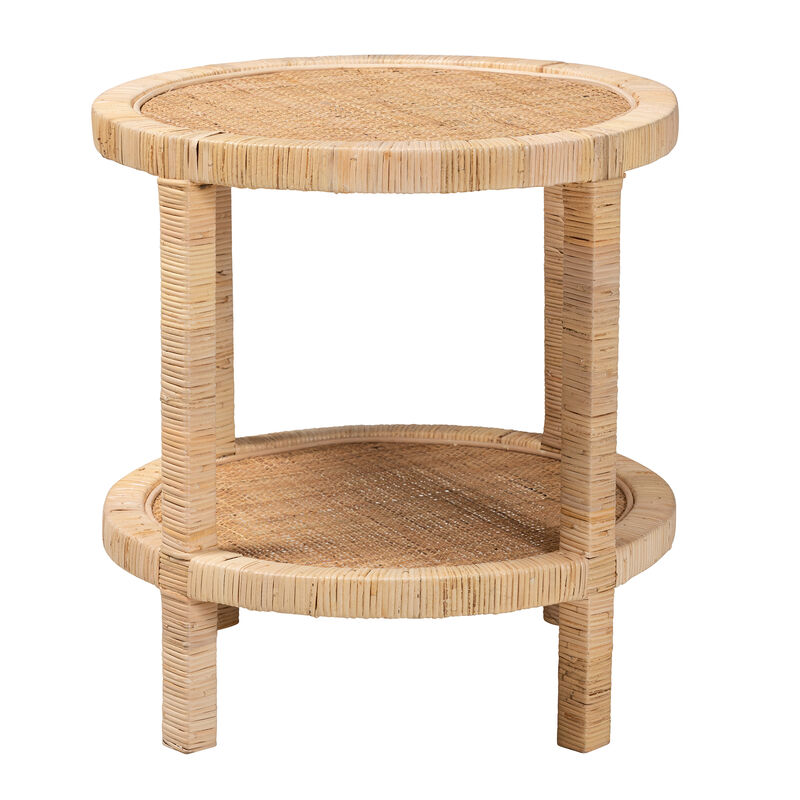 Baxton Studio Bella Modern Bohemian Natural Mahogany Wood and Natural Rattan 2 Tier End Table