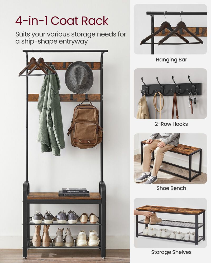 Hall Tree Coat Rack and Shoe Bench with Wood Accent and Metal Frame