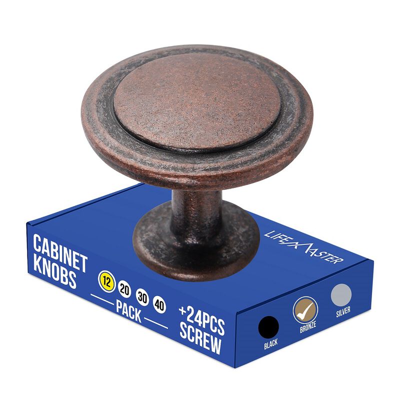 12 pcs 1-1/4 inch Cabinet Knobs, Oil Rubbed Bronze Finish, Modern Design, Strong Zinc Alloy Construction, Easy Installation with Short and Adjustable Screws, Complete Set with 24 Screws
