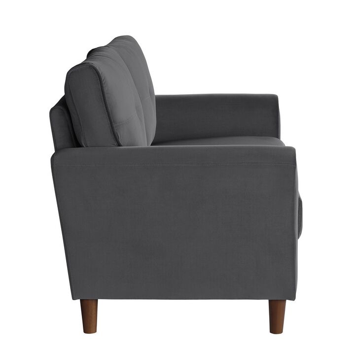 Sarah 57 Inch Loveseat, Gray Velvet, Stitch Tufting, Reversible Cushions - Benzara