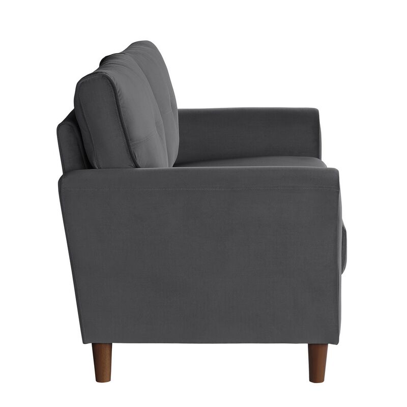 Sarah 57 Inch Loveseat, Gray Velvet, Stitch Tufting, Reversible Cushions - Benzara