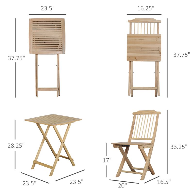 Natural Wood Bistro: 3-Piece Folding Set with Cushions for Patio