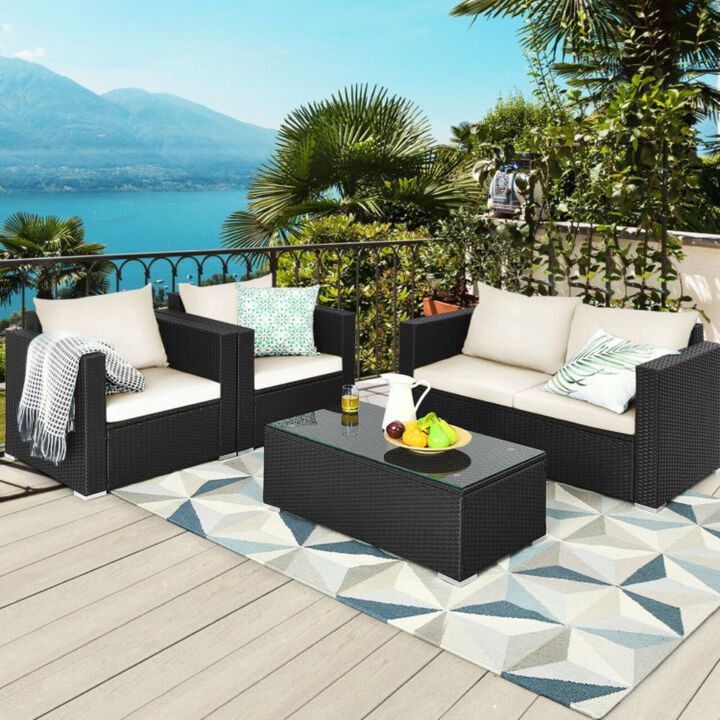 Hivvago 4 Pieces Patio Rattan Conversation Set with Padded Cushions