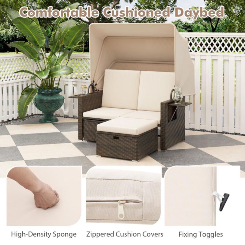 Hivvago Outdoor Patio Rattan Daybed with Retractable Canopy and Adjustable Backrests