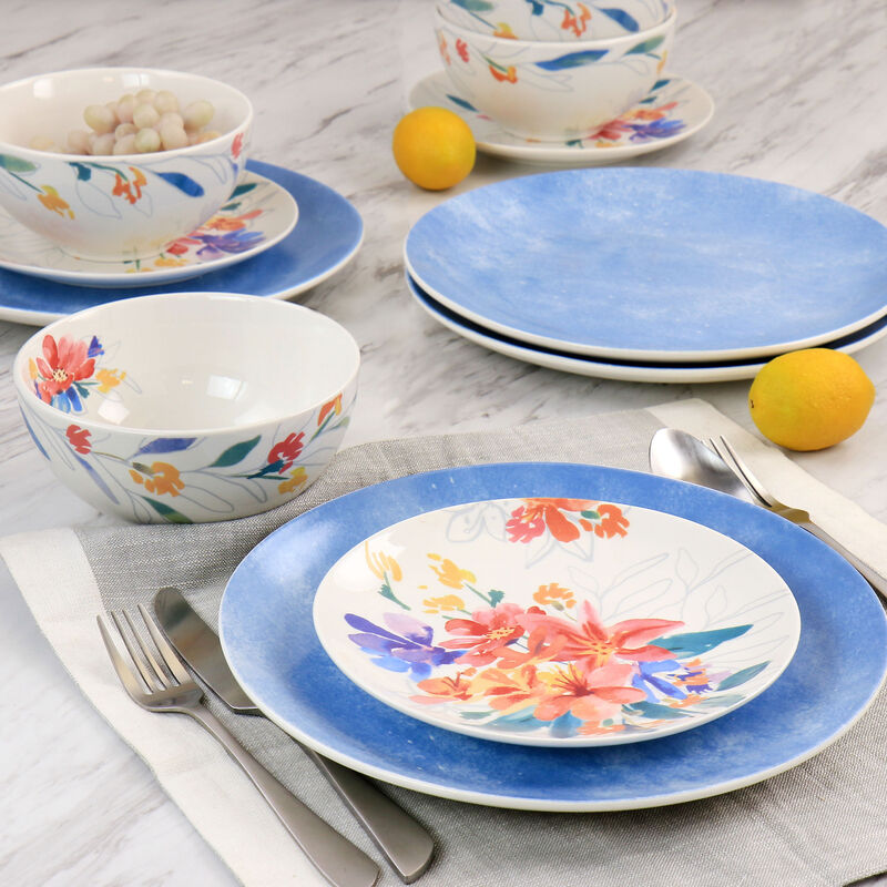 Spice by Tia Mowry Goji Blossom 12 Piece Fine Ceramic Dinnerware Set in Blue