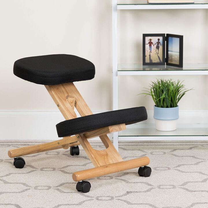 Flash Furniture Posey Mobile Wooden Ergonomic Kneeling Office Chair in Black Fabric