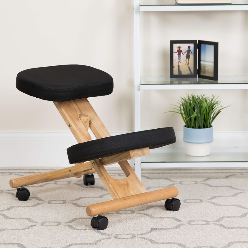 Flash Furniture Posey Mobile Wooden Ergonomic Kneeling Office Chair in Black Fabric