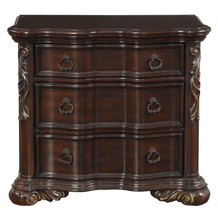 3 Drawer Nightstand with Carved Pilaster and Bracket Feet, Cherry Brown - Benzara