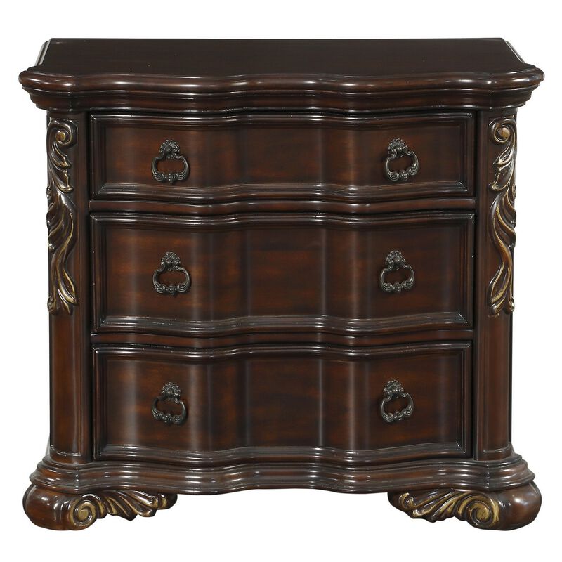 3 Drawer Nightstand with Carved Pilaster and Bracket Feet, Cherry Brown - Benzara
